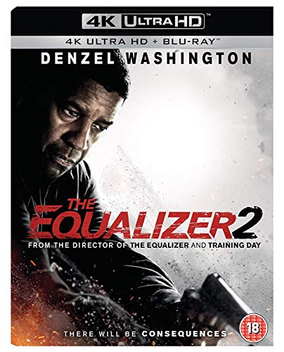 Blu-ray cover for "The Equalizer 2" featuring Denzel Washington.