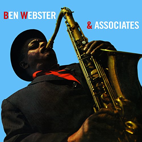 Ben Webster playing a golden saxophone, album cover with blue background.