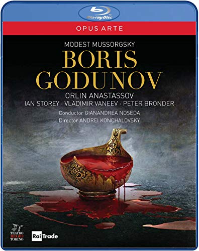Blu-ray cover for Mussorgsky’s *Boris Godunov* opera, featuring a golden chalice.