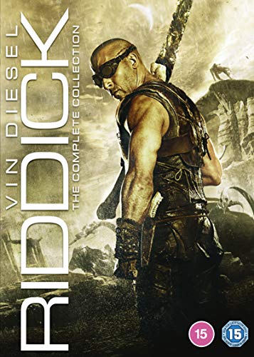 Riddick DVD cover featuring Vin Diesel with a weapon, desert landscape.