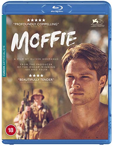 Moffie" Blu-ray cover featuring a young man’s portrait and soldiers.