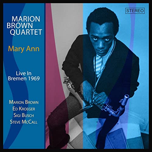 Album cover featuring Marion Brown holding a saxophone against a blue and pink background.