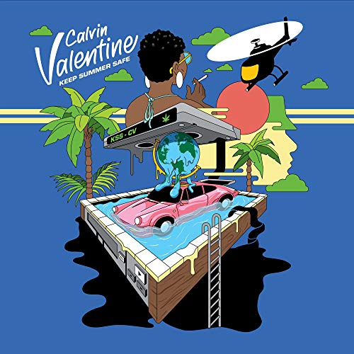 Album cover: illustrated scene with a person, car in a pool, and helicopter.