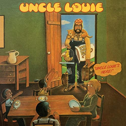 Album cover: man in doorway with family, cartoon bird in cage.