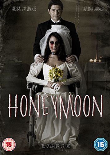DVD cover for "Honeymoon" featuring a bride in a wheelchair with blood on her face.