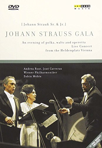 DVD cover for “Johann Strauss Gala” featuring musicians and orchestra.