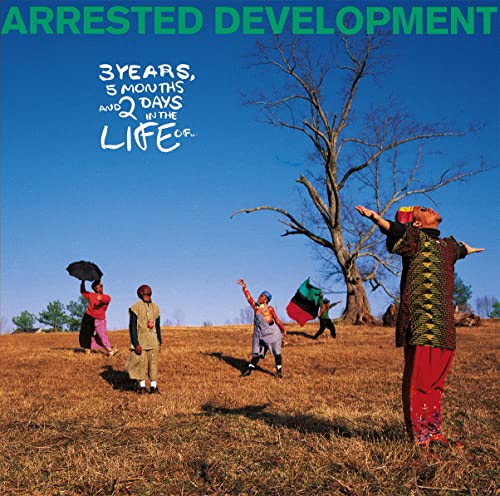 Arrested Development album cover: people with flags in a field.