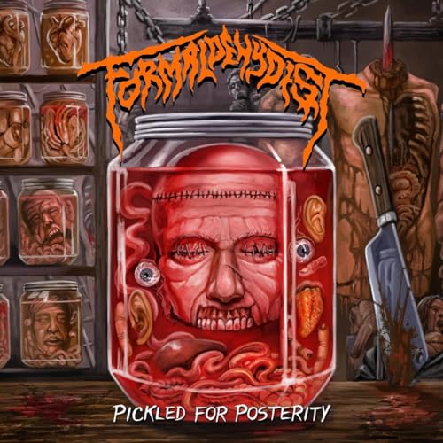 CD cover: a brain in a jar with jars of body parts, dark art.