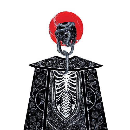 Black and white illustration of a skeletal figure with a snake and red sun.