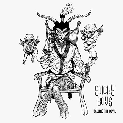 Black and white illustration of a horned devil on the phone.