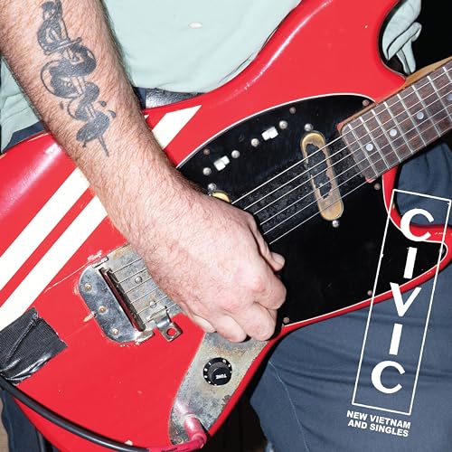 Red electric guitar with text “CIVIC - New Vietnam & Singles.”