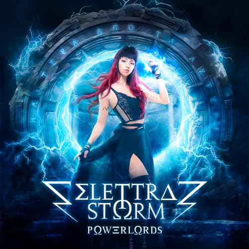 Woman with red hair amidst glowing blue energy and ancient stone arch.
