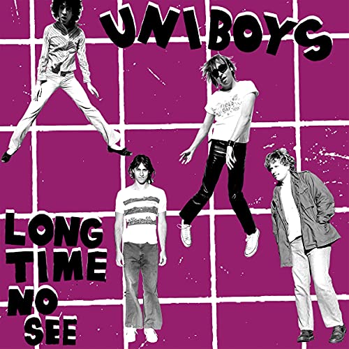 Album cover featuring four men in retro clothing on a purple grid background.
