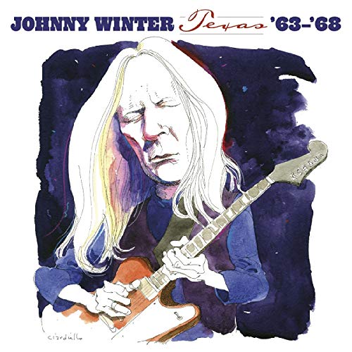 Watercolor portrait of Johnny Winter playing a red electric guitar.