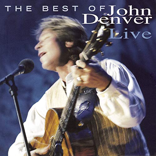 CD cover of John Denver playing guitar live on stage.
