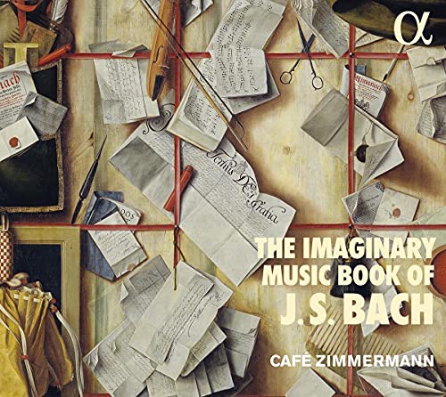 CD cover with scattered sheet music, instruments, and text: "The Imaginary Music Book of J.S. Bach".