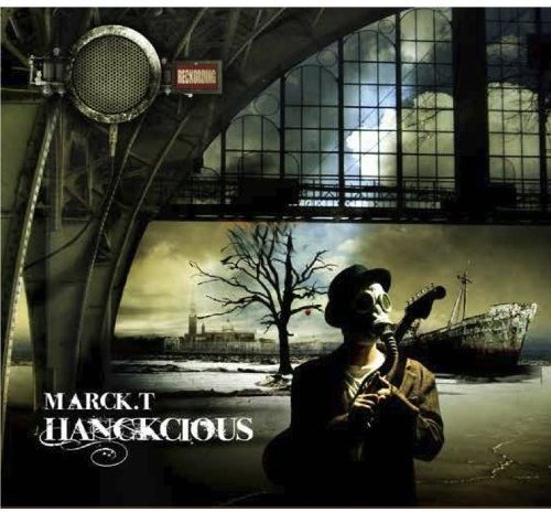 CD cover: man in gas mask, industrial background, wintry landscape.