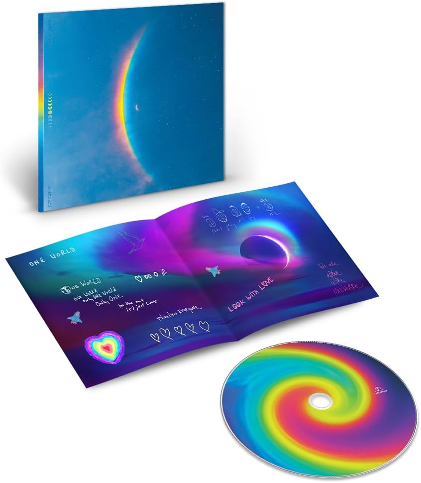 Coldplay "Moon Music" CD packaging with abstract space art and handwritten notes.
