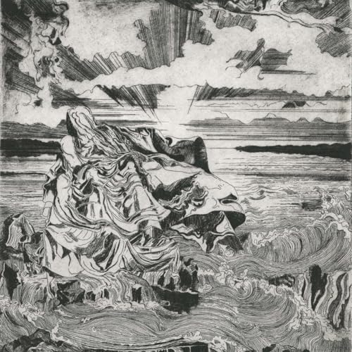 Black and white illustration of waves crashing around a figure.