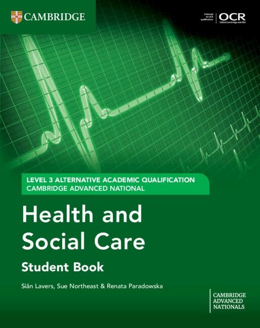 Textbook with health and social care cover, likely blue or purple, with young adult focus.