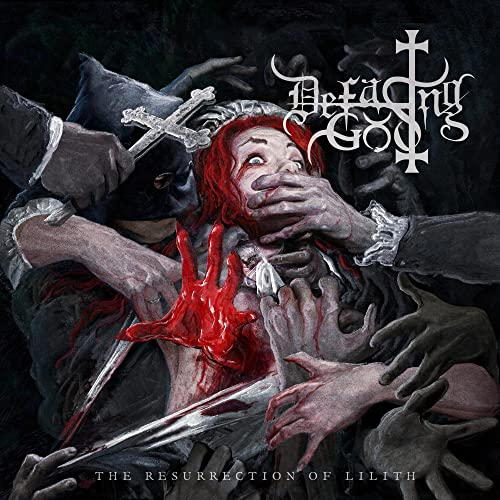 Dark album cover depicting a woman emerging from shadowy figures with blood.
