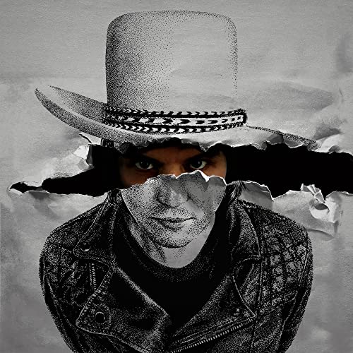 Black and white portrait of a person in a cowboy hat, stylized.