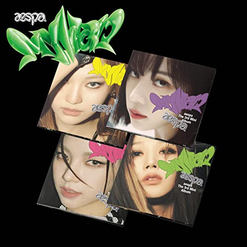 Aespa album cover featuring three members with green and pink graphics.