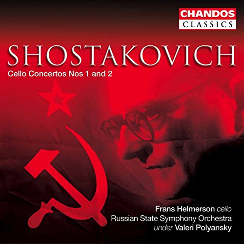 CD cover for Shostakovich cello concertos with red star and hammer sickle.
