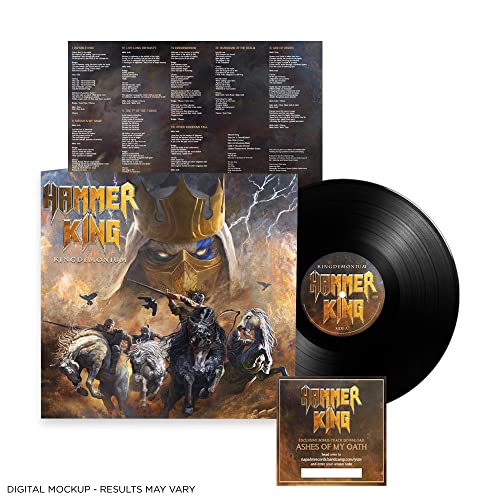 Vinyl record with fantasy album art of knights and a crowned skull.