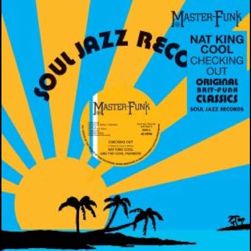 Vinyl record label for Nat King Cole’s “Checking Out” with sun and palms.