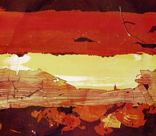 Abstract painting with red, yellow, and brown brushstrokes, textured surface.