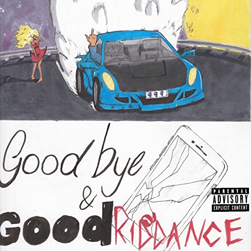 Juice Wrld album cover: car crash illustration, broken phone, text “Goodbye & Good Riddance”.
