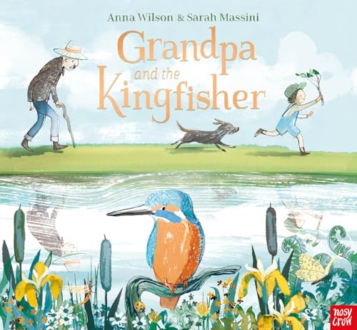 Grandpa, a child, dog, and kingfisher in a colorful landscape.