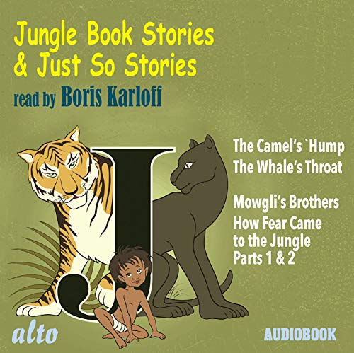 Jungle Book audiobook cover with tiger, panther, and Mowgli illustration.