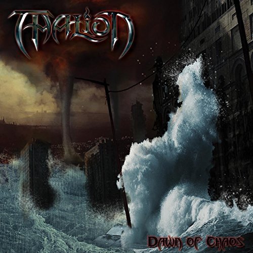Album cover for "Dawn of Chaos" featuring destruction and a band logo.