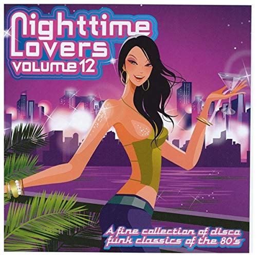 CD cover: woman with martini glass, city skyline, purple background.