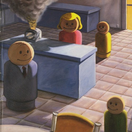 CD cover: stylized figures around a desk with a burning radio.