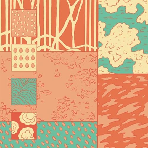 Abstract patchwork of orange and teal patterns, vinyl record artwork.