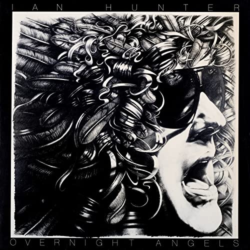 Black and white album cover for Ian Hunter’s “Overnight Angels” with abstract art.