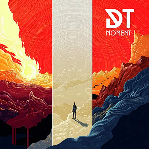 Dark Tranquillity “Moment” album cover: landscape with figure, fiery and cloudy sections.