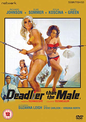 DVD cover for "Deadlier Than The Male" featuring two women with guns.