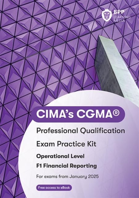 Purple textbook cover with "CIMA F1 Financial Reporting: Exam Practice Kit" title.