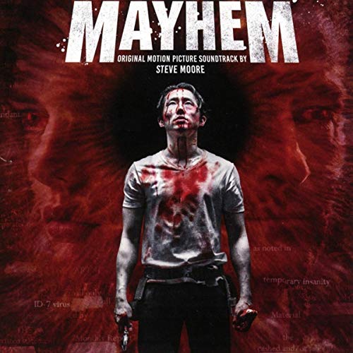 CD cover for "Mayhem" soundtrack featuring a bloodied man holding a weapon.