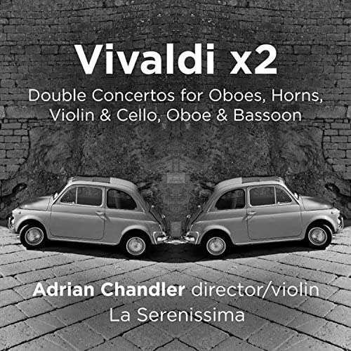 CD cover for Vivaldi x2 featuring two vintage cars on cobblestones.