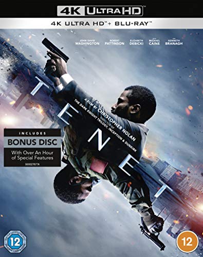 “Tenet” Blu-ray cover featuring John David Washington in action, city background.