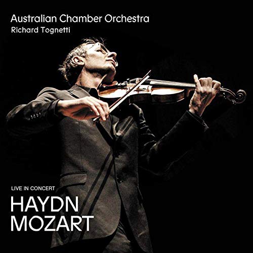 Richard Tognetti playing violin, CD cover for Haydn and Mozart symphonies.