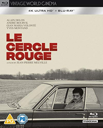 Le Cercle Rouge" Blu-ray cover featuring a man in a car, vintage aesthetic.