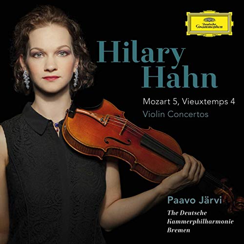 Hilary Hahn portrait with violin, album cover for Mozart and Vieuxtemps concertos.