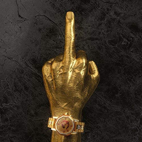 Golden hand giving the middle finger, wearing a luxury watch.