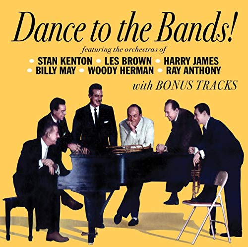 Album cover showing six men in suits around a piano on a yellow background.